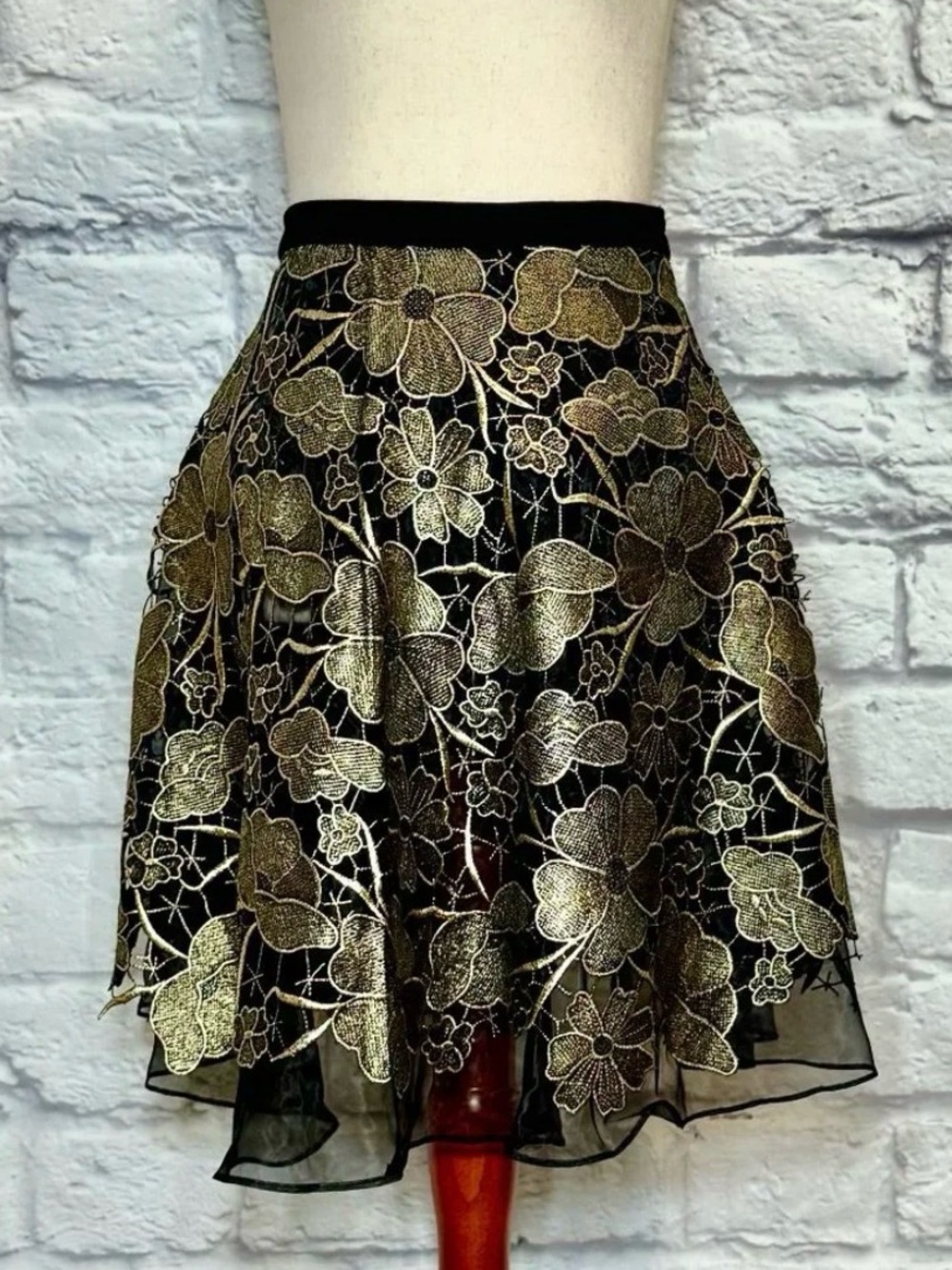 Anthropologie Eva Franco Black & Gold Floral Fit & Flare Mini Skirt